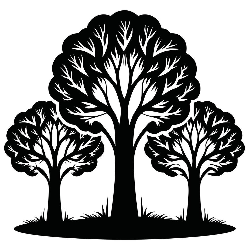 Highly Detailed Black Silhouette of Three Elegant Trees with Intricate Branches and Graceful Forms vector