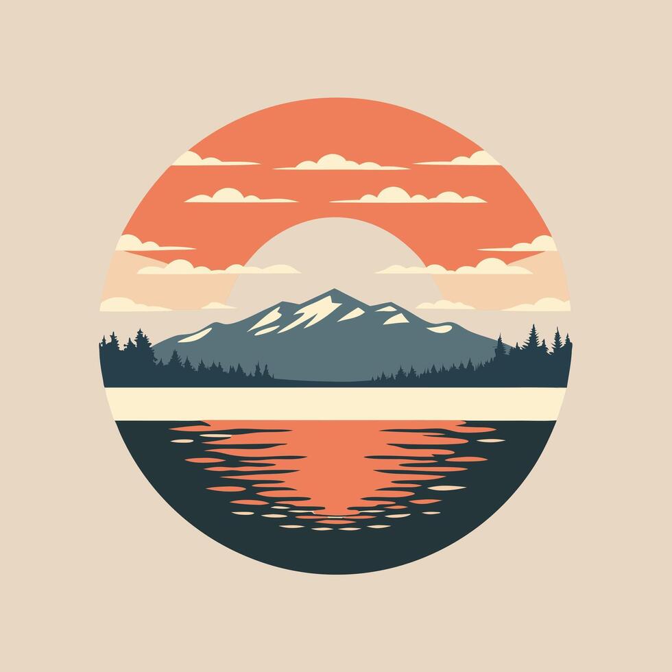 Stylized Circular Nature Landscape Featuring Mountains and Forest Elements vector