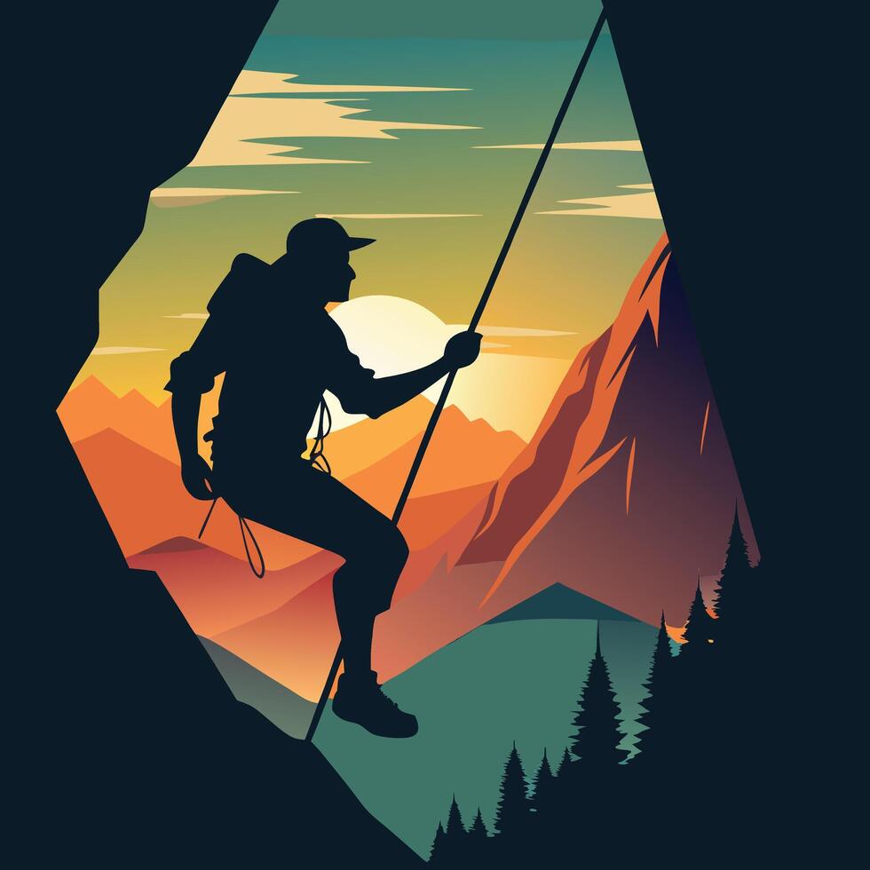Powerful Black Silhouette of a Male Mountain Climber Scaling a Peak in Bold Action Pose vector