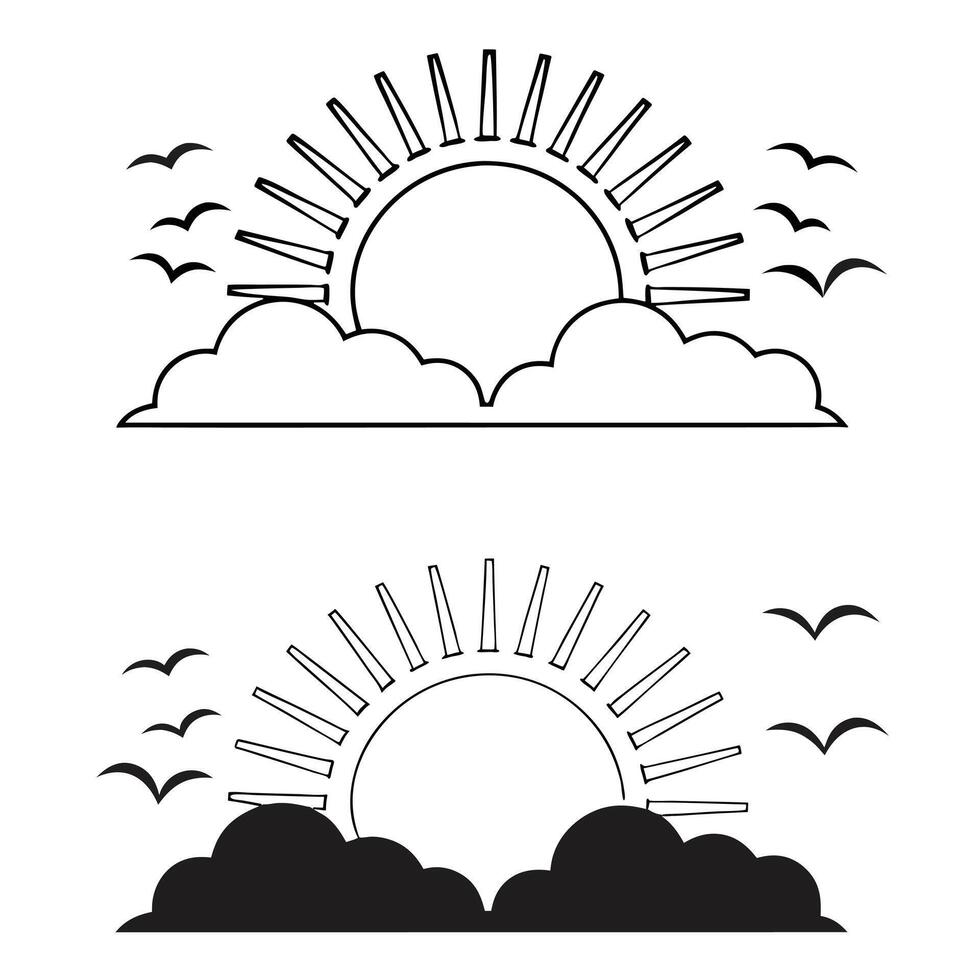 Two-Color Silhouette of a Peaceful Sunrise Scene with Birds Flying Over Trees and Rolling Hills vector