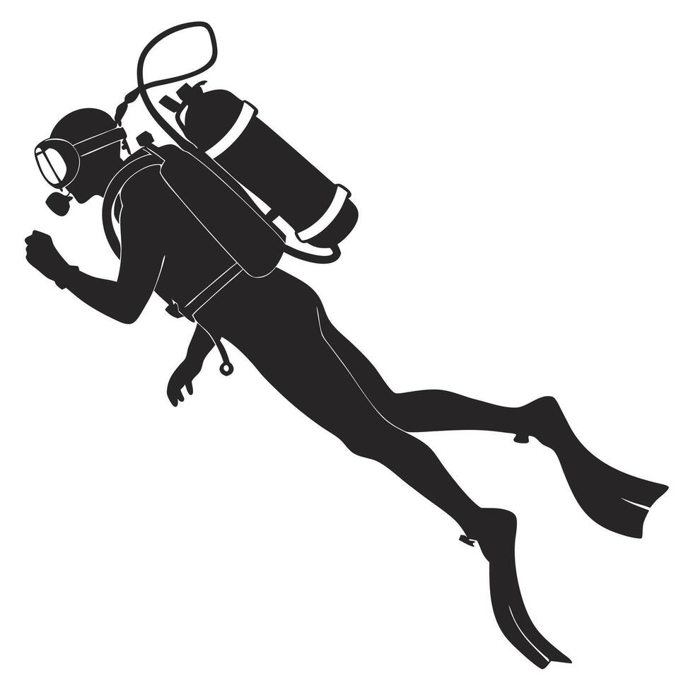 Solid Black Silhouette of a Scuba Diver Swimming Underwater in Action Pose vector