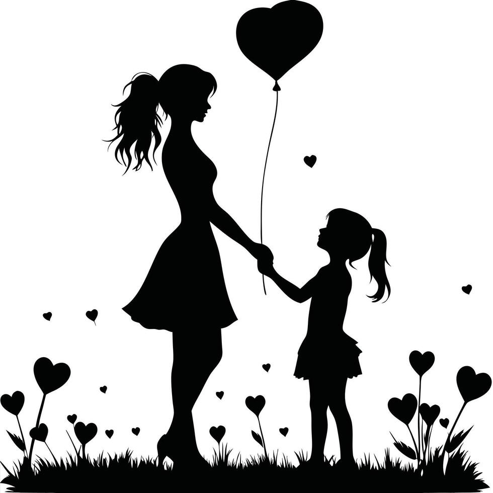 Two-Color Silhouette Image of a Mother and Young Daughter Walking Together in a Tender Moment vector