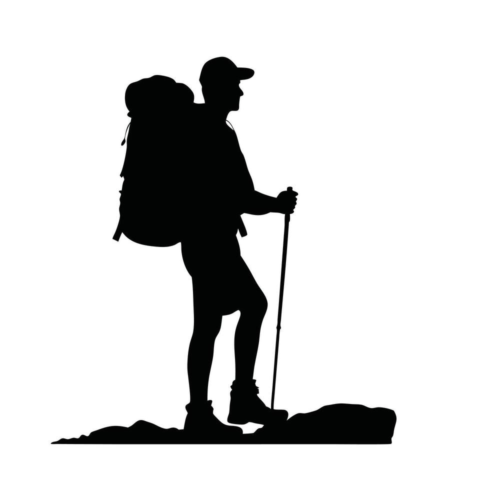 Clean Black and White Silhouette of a Traveling Man Walking with a Backpack vector