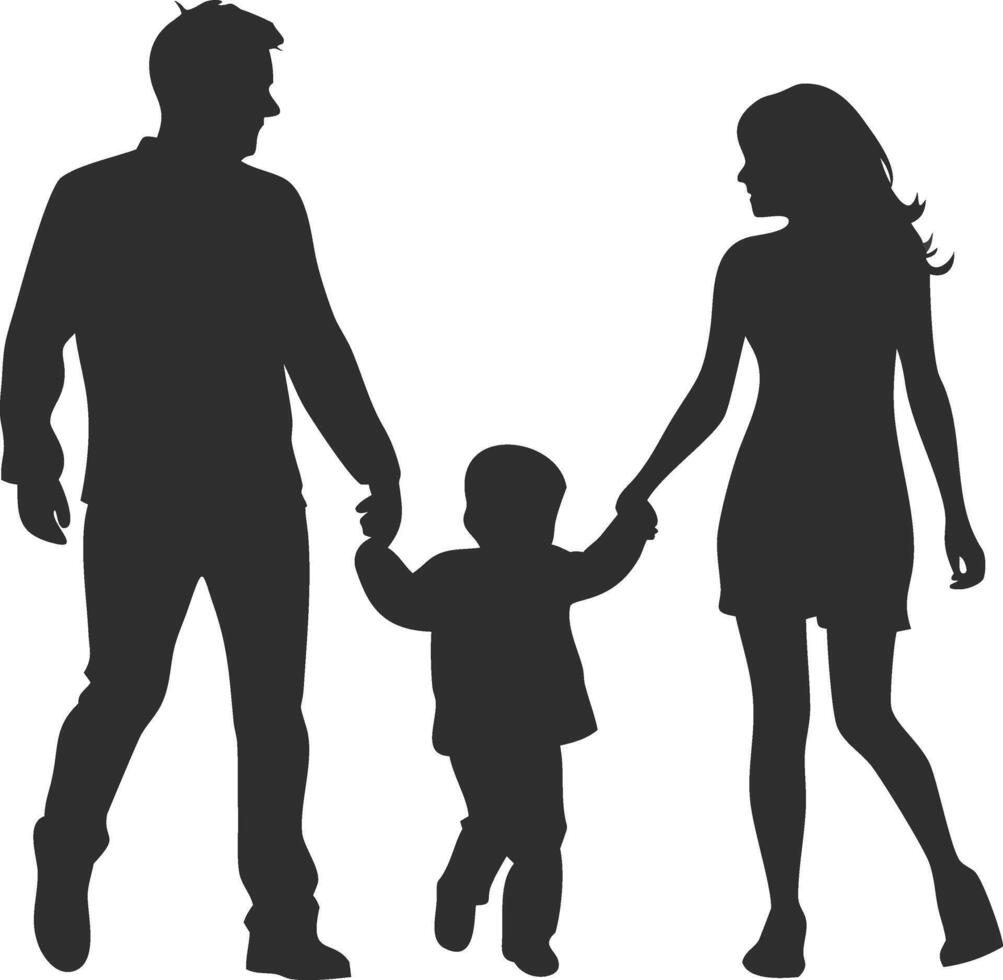 Black and White Silhouette of a Family Walking Together Holding Hands in a Peaceful Outdoor Scene vector