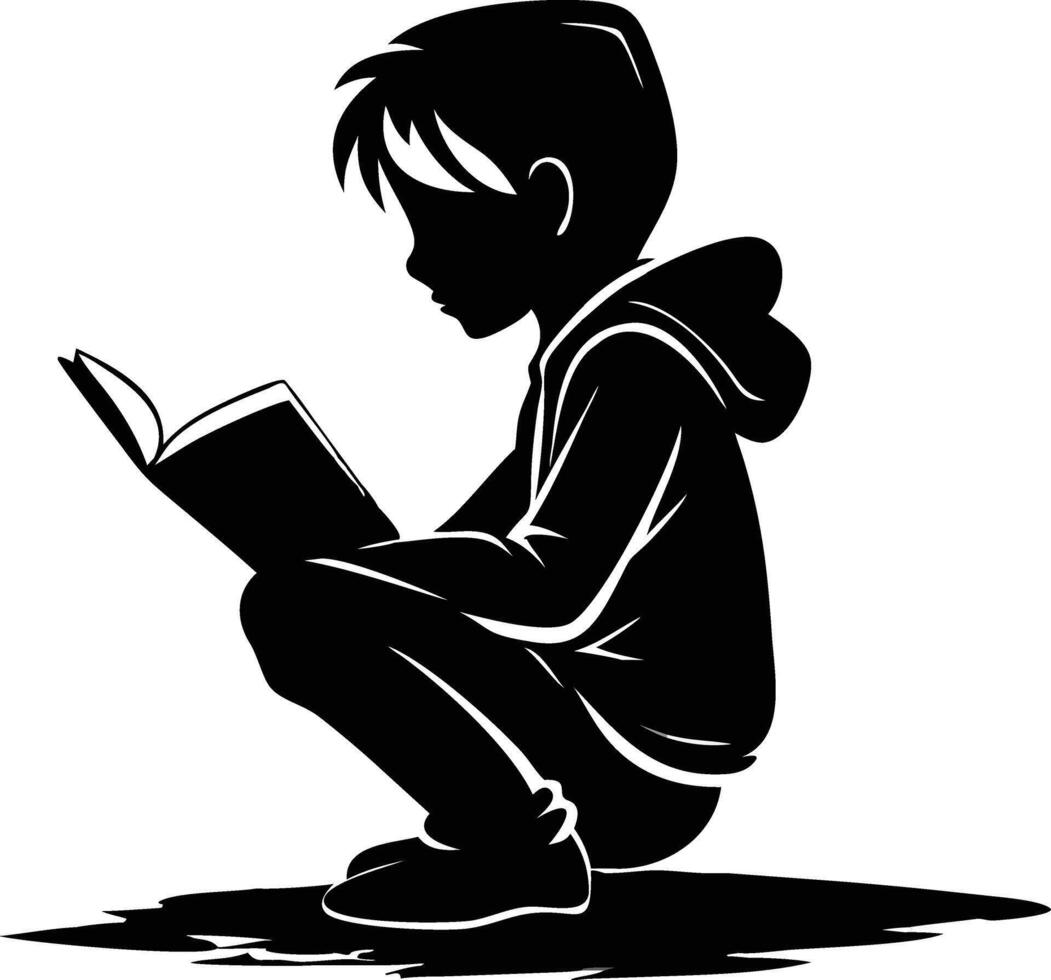 Boy Sitting with a Book in Hand Illustrated in Simple Black Silhouette Style vector