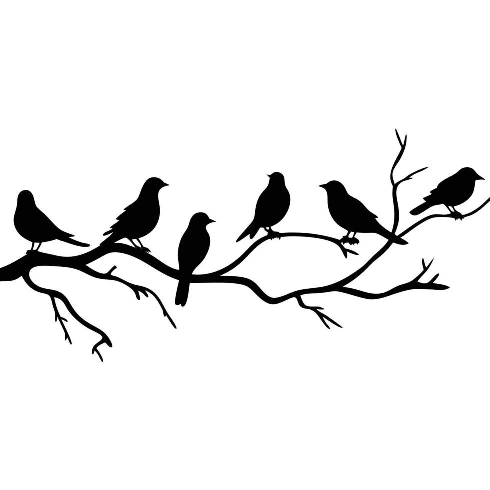 Flock of Birds on Winter Branch Black and White Outline Illustration vector