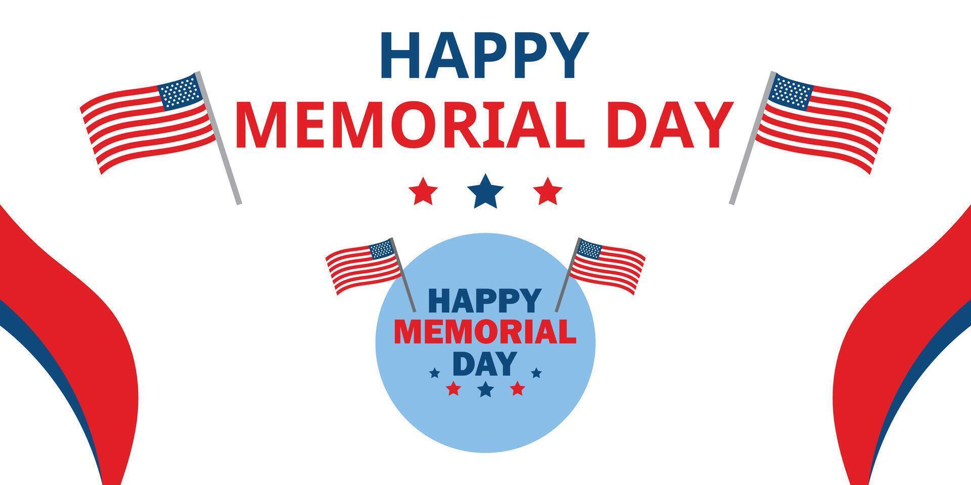 A Memorial Day graphic featuring stylized American flags and Happy Memorial Day text in a light blue circle vector