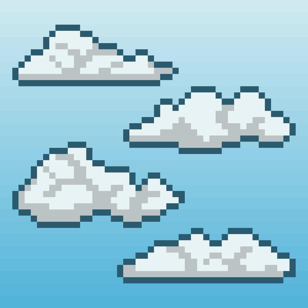 Set of four classic pixel art clouds. Rendered in an 8-bit style with simple shading, these cloud shapes float against a clean blue gradient background. vector