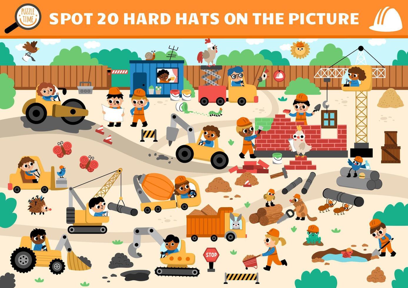 construction site searching game with building works landscape. Spot hidden hard hats in the picture. Simple seek and find educational printable activity for kids with workers in uniform vector