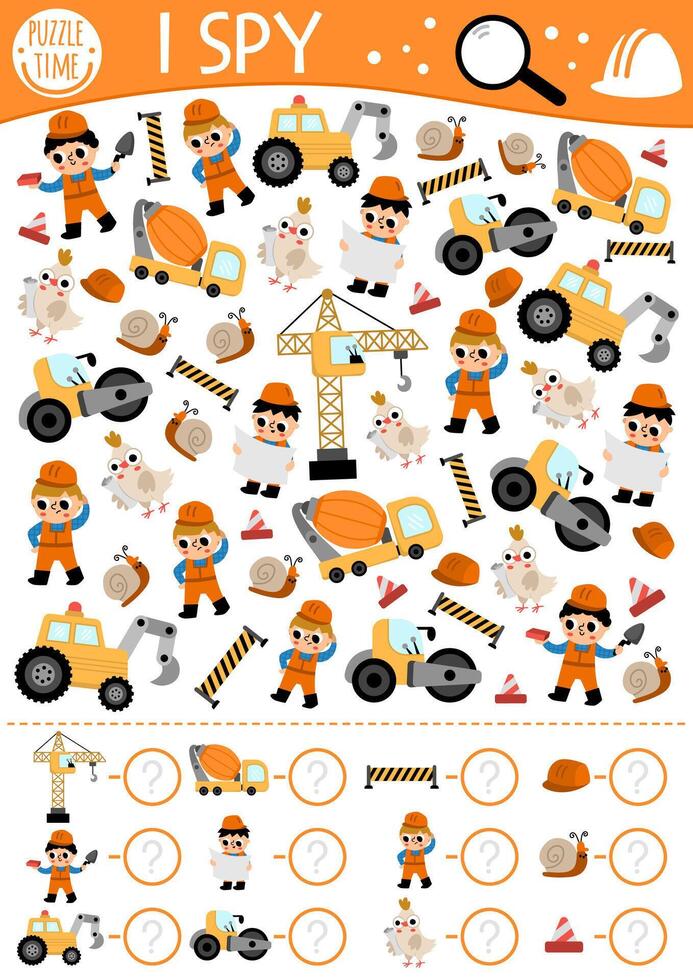 Construction site I spy game for kids. Searching and counting activity with builders, special technics. Building works printable worksheet for preschool children. Simple repair service spotting puzzle vector
