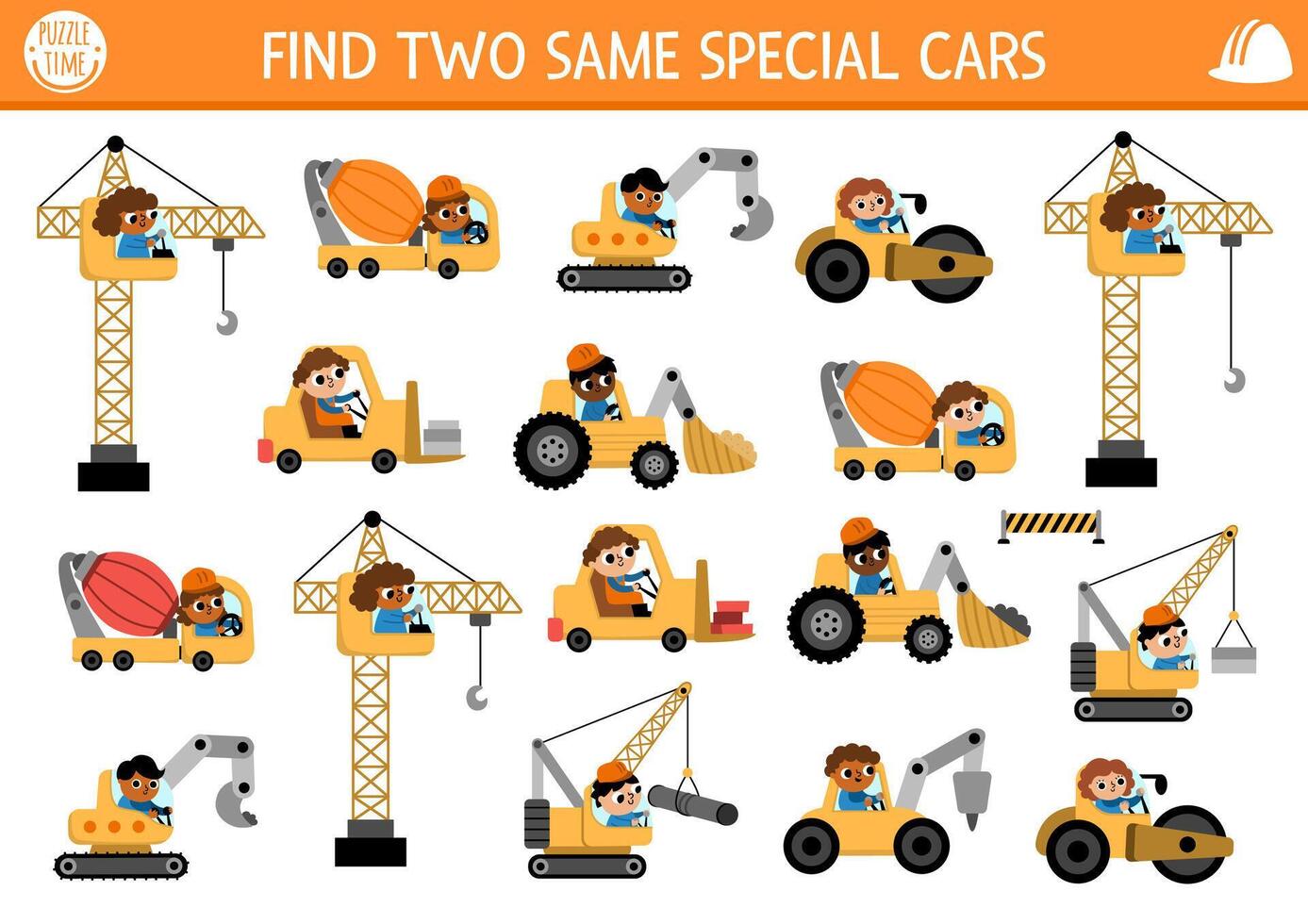 Find two same special cars. Construction site matching activity for children. Building works educational quiz worksheet for kids for attention skills. Simple printable game with cute vehicles vector