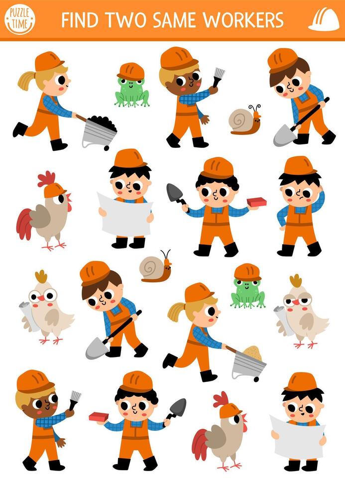 Find two same workers. Construction site matching activity for children. Building works educational quiz worksheet for kids for attention skills. Simple printable game with cute builders vector