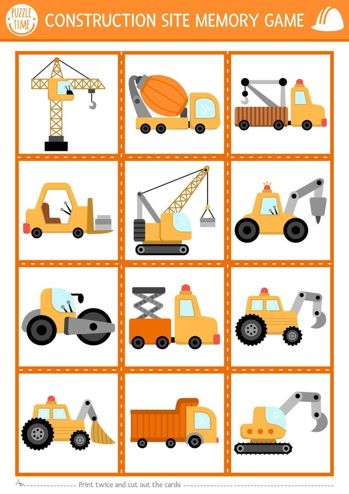 construction site memory game cards with cute special technics. Building works matching activity. Remember and find correct card. Simple printable worksheet with repair vehicles vector