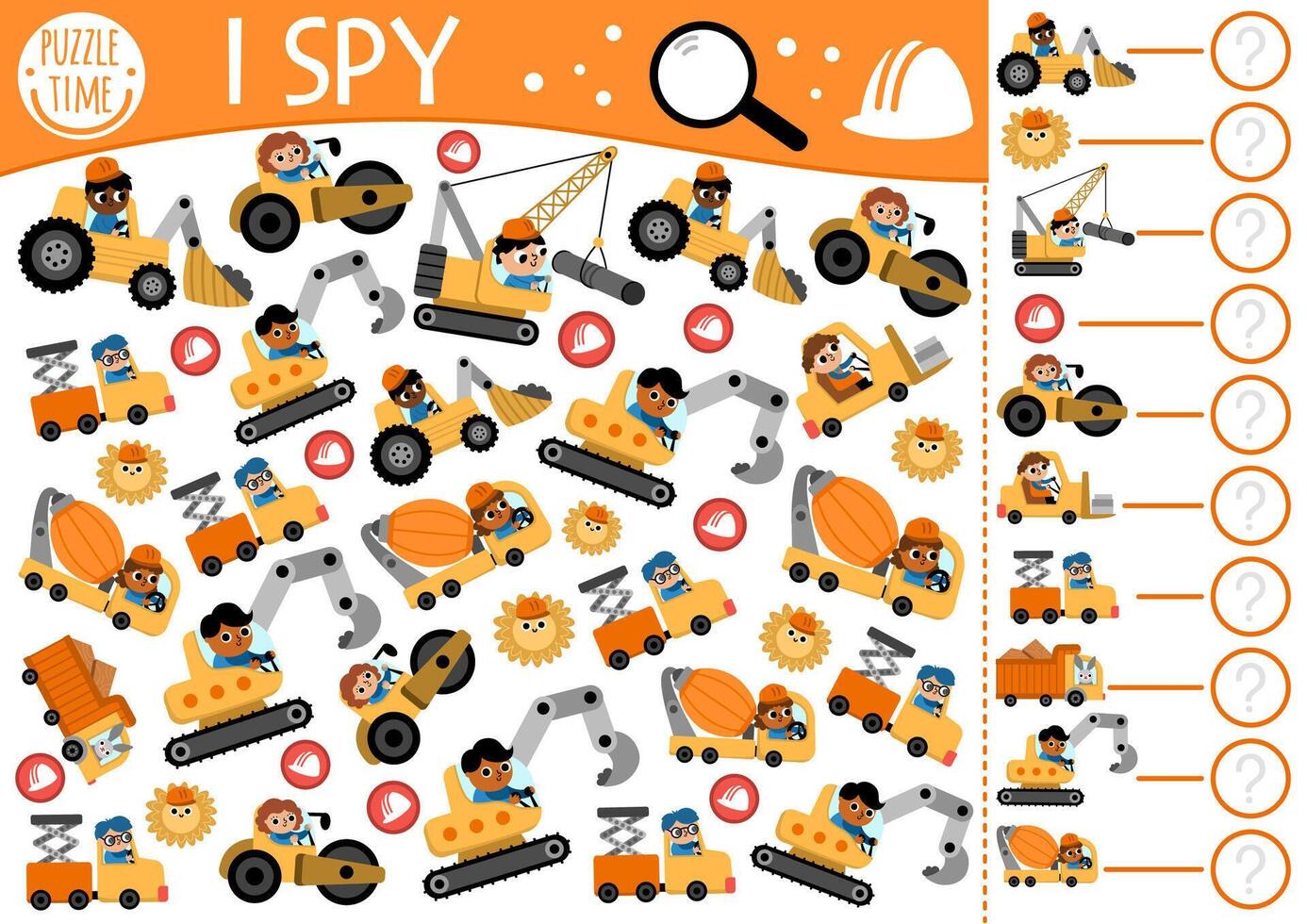 Construction site I spy game for preschool kids. Searching and counting activity with special technics, drivers. Building works printable worksheet for children. Simple repair service spotting puzzle vector