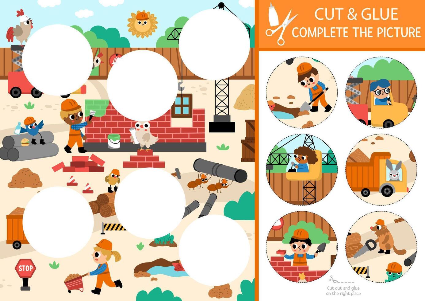 construction site cut and glue activity. Crafting game with cute landscape, workers building brick house. Fill up the scene with round sticker. Find the right piece of puzzle. Complete the picture vector