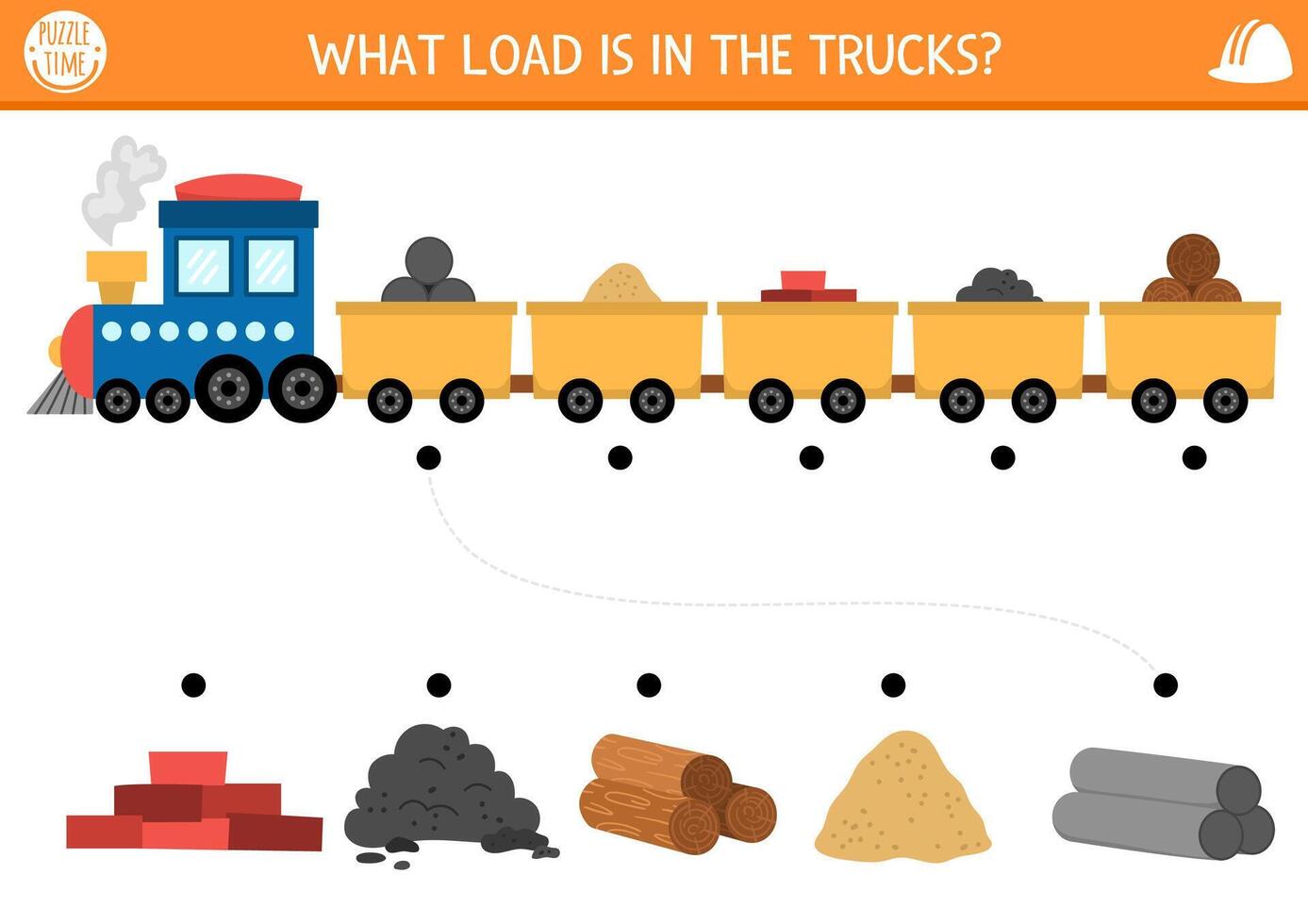 Construction site matching activity with train and different materials in cars. Building works puzzle, game, printable worksheet. Repair service match up page with bricks, soil, sand, wood, pipes vector