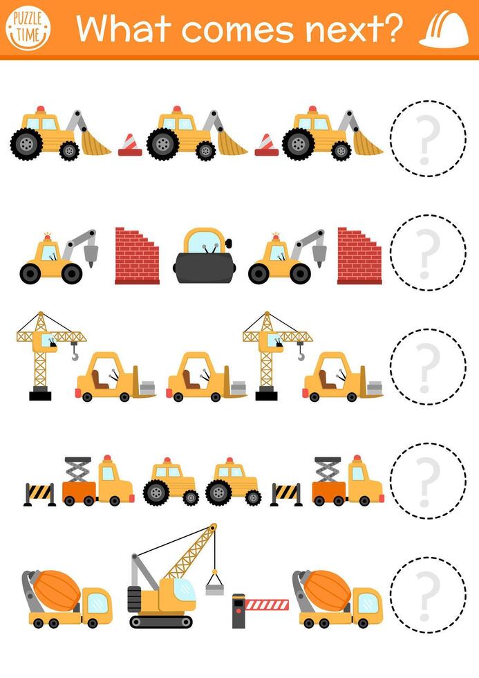 What comes next. Construction site logical activity for preschool kids with bulldozer, crane, excavator. Building works logic succession worksheet. Continue the row game with special cars, vehicles vector