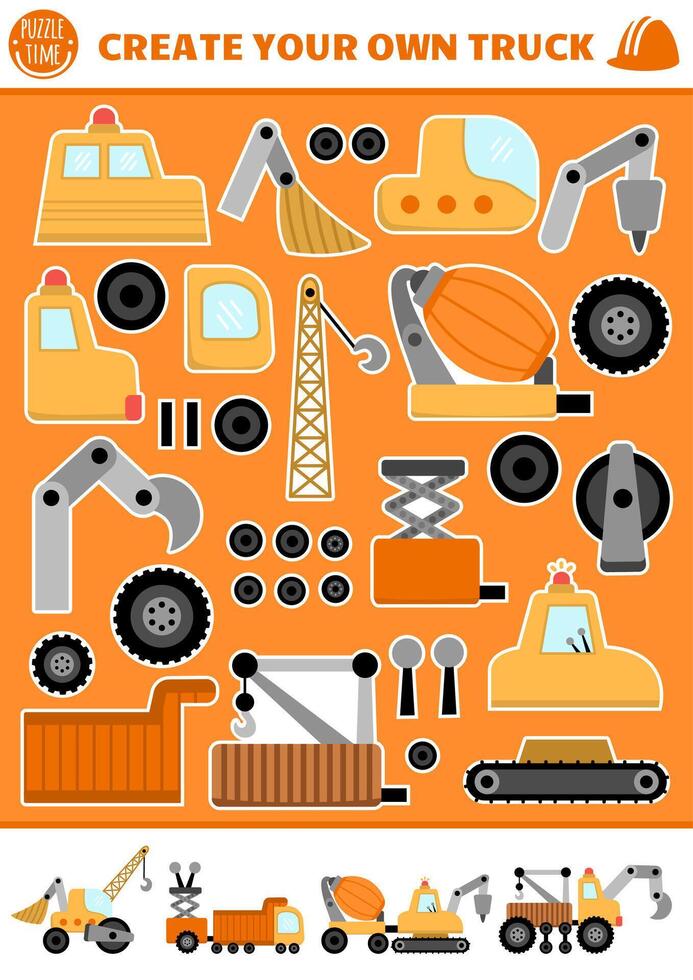 Lets build a truck cut and glue activity. Special transport educational crafting game. Construct fantasy car. construction site technics, bulldozer printable page for kids. Complete the vehicle vector