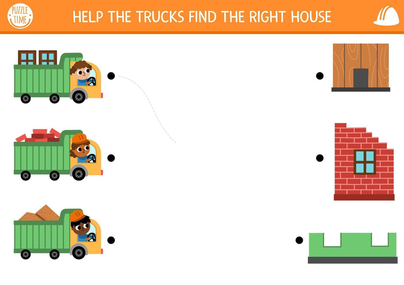 Construction site matching activity with trucks loaded with different materials and houses. Building works puzzle. Match the objects game, printable worksheet. Repair service match up page vector