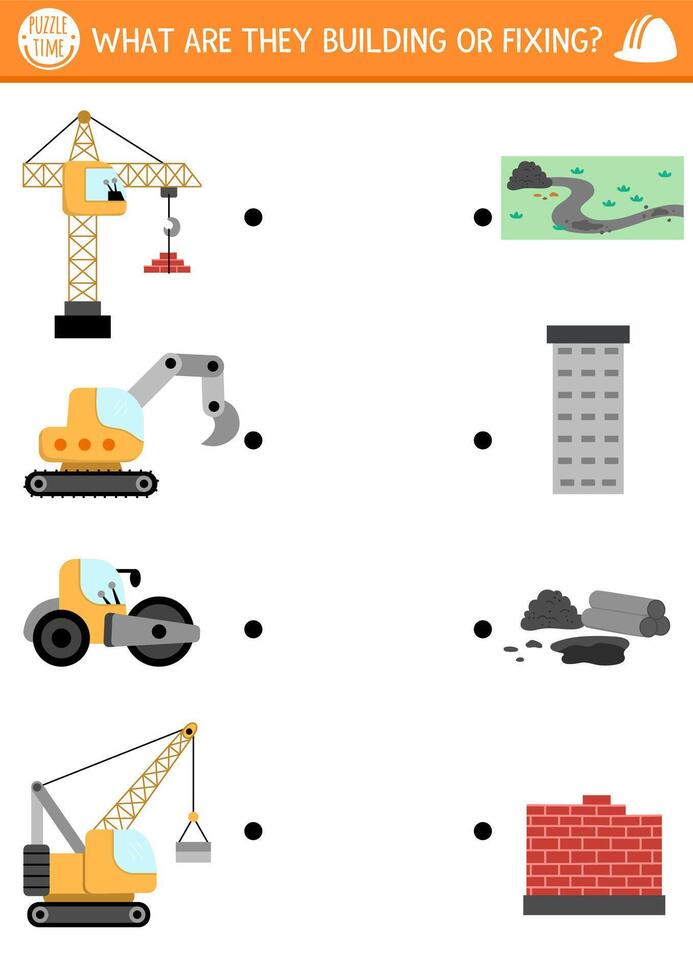 Construction site matching activity with special technics and the objects they are fixing or building. Building works puzzle, game, printable worksheet. Repair service match up page vector