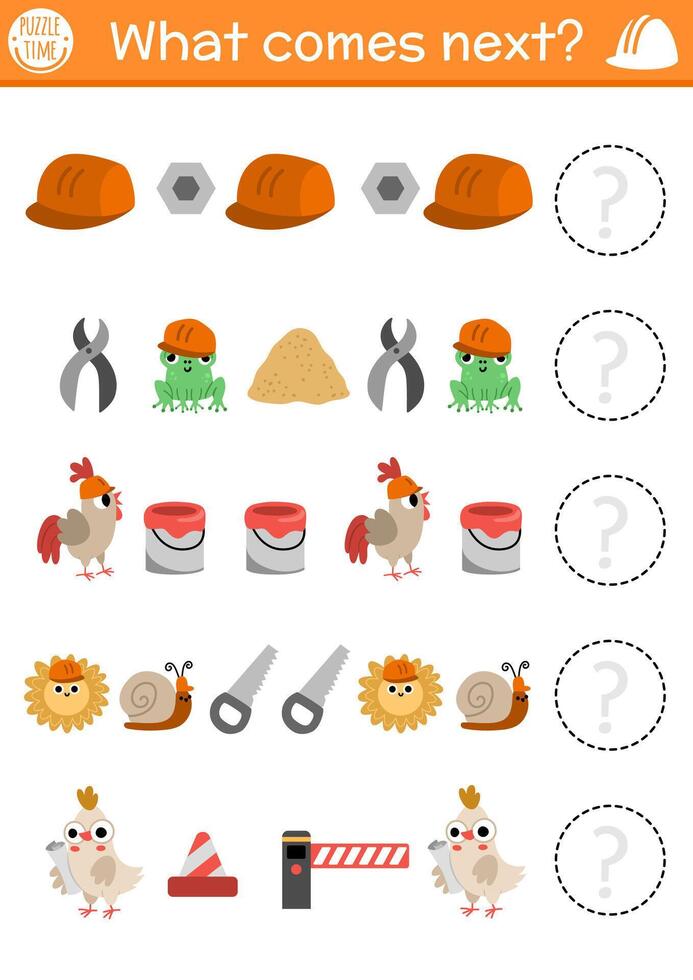 What comes next. Construction site logical activity for preschool children with hard hat, tools, animals. Building works or repair service logic succession worksheet. Continue the row game vector