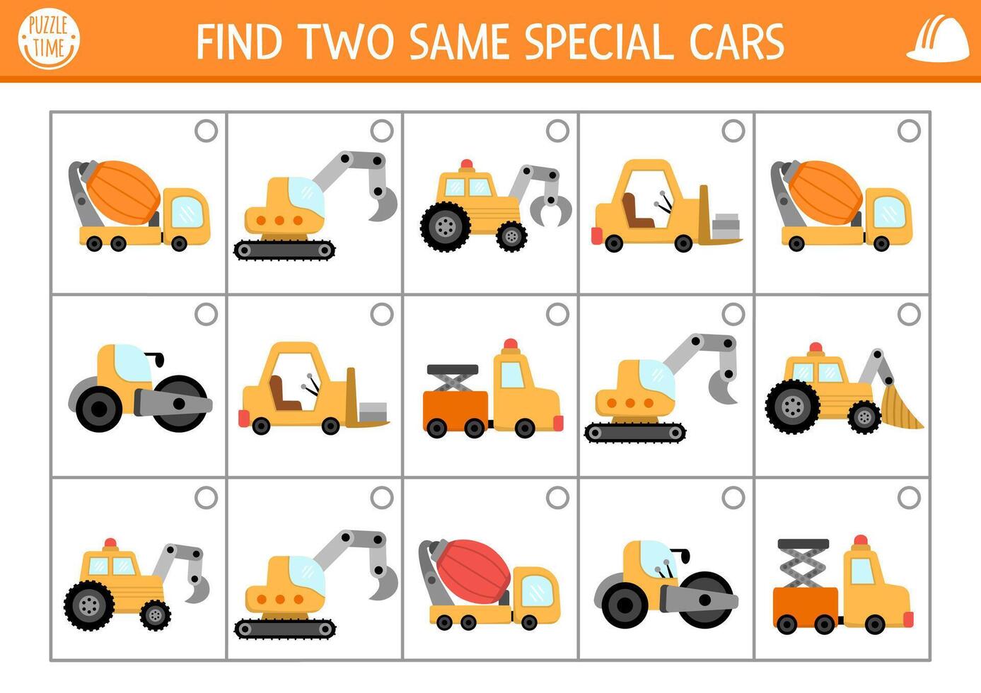 Find two same special cars. Construction site matching activity for children. Building works educational quiz worksheet for kids for attention skills. Simple printable game with vehicles vector
