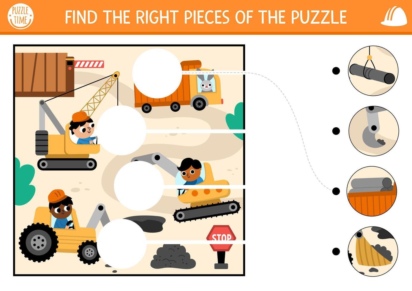 Construction site matching activity with road repair scene and special technics. Building works puzzle, game, printable worksheet. Repair service match up page. Find missing parts of the picture vector