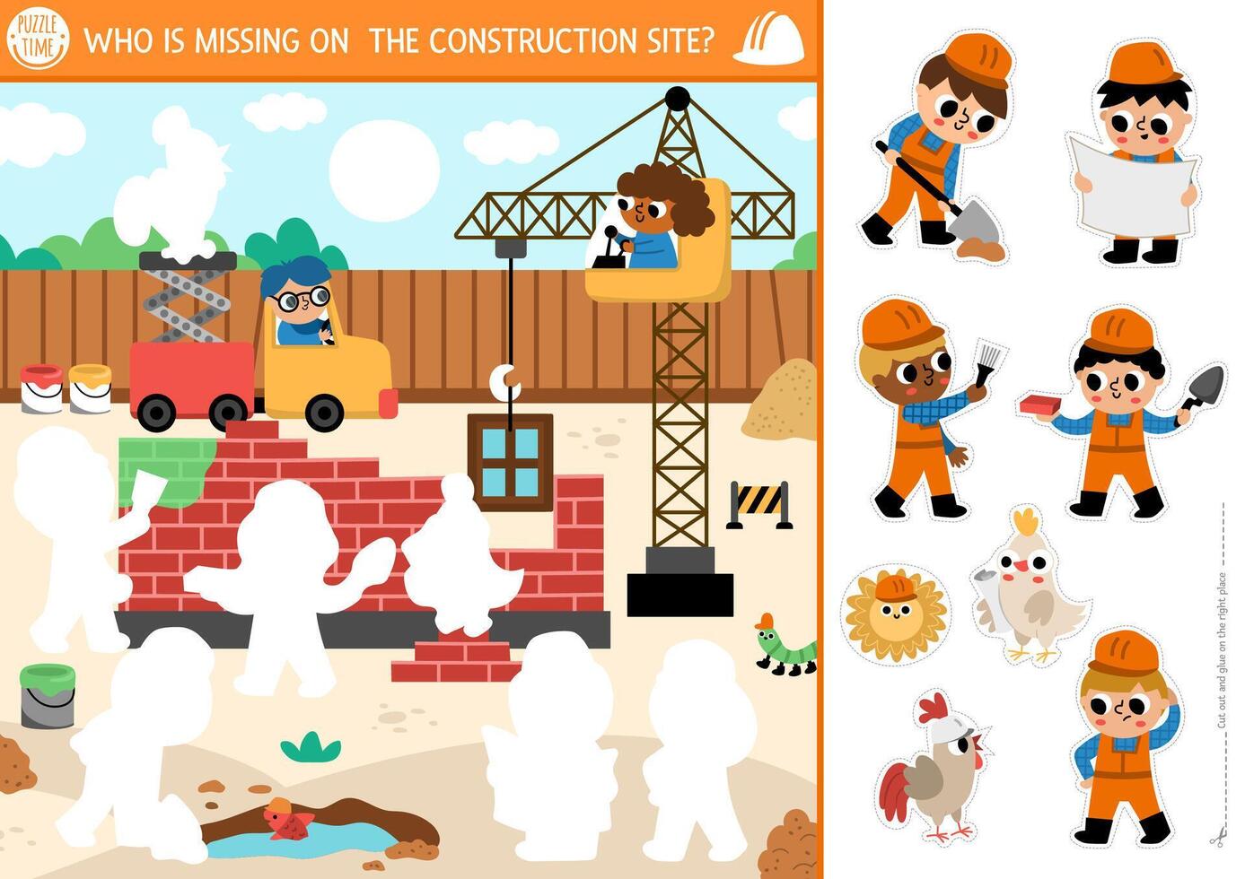 construction site cut and glue activity. Crafting game with cute workers building house. Fun printable worksheet for children. Find the right piece of the puzzle. Complete the picture vector