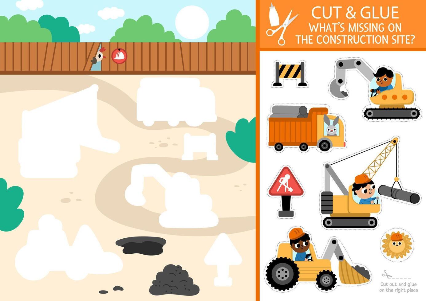 construction site cut and glue activity. Crafting game with cute building works landscape. Fun printable worksheet for children. Find the right piece of the puzzle. Complete the picture vector