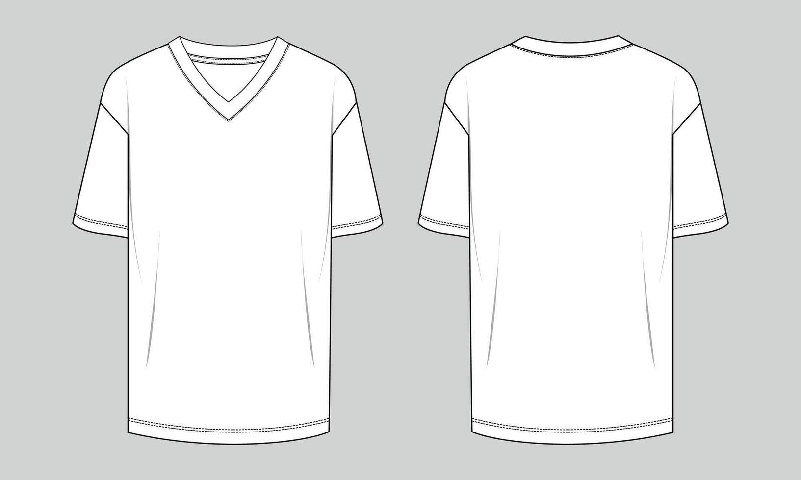 V neck t shirt technical drawing fashion flat sketch template front and back views vector
