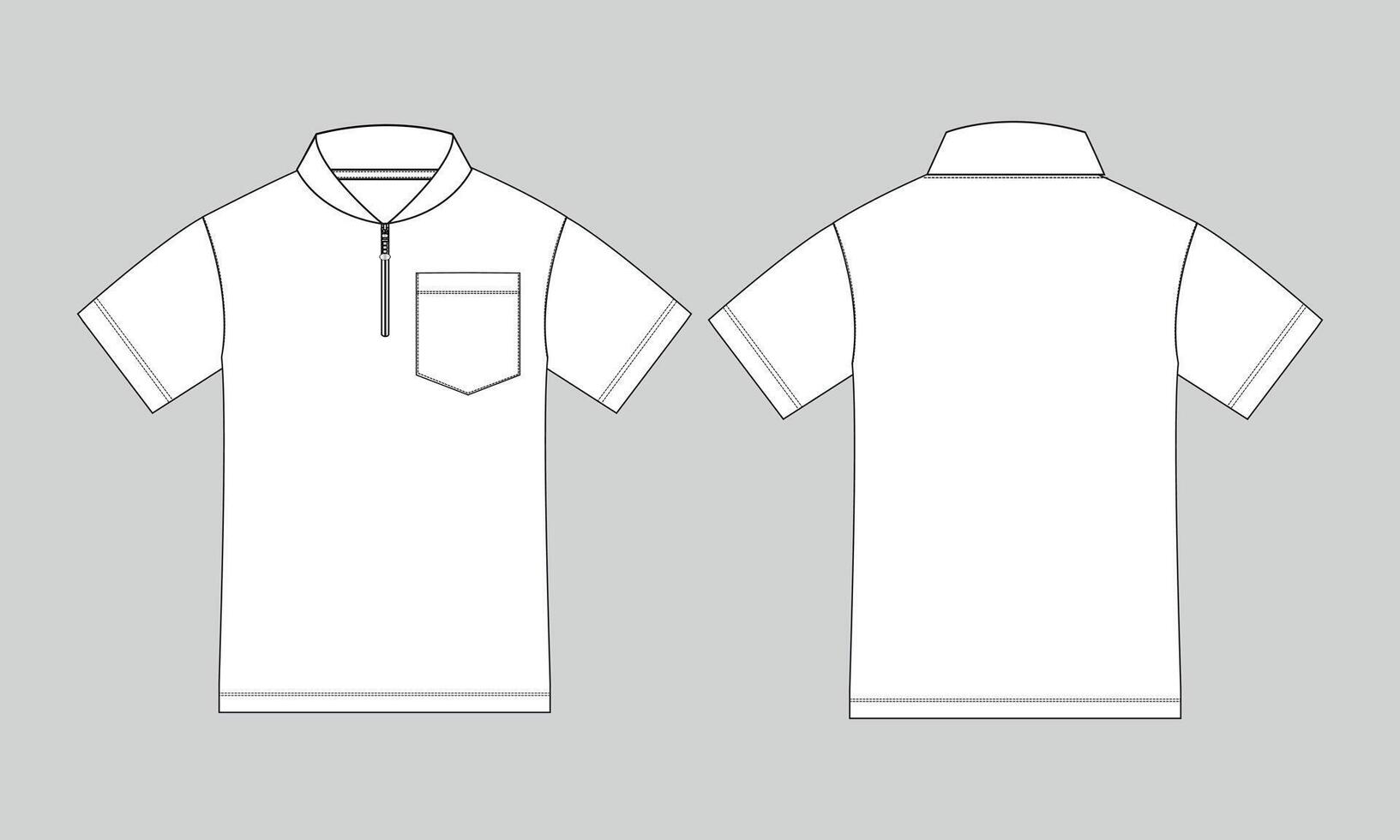 Short sleeve polo shirt with pocket technical drawing template front and back views vector