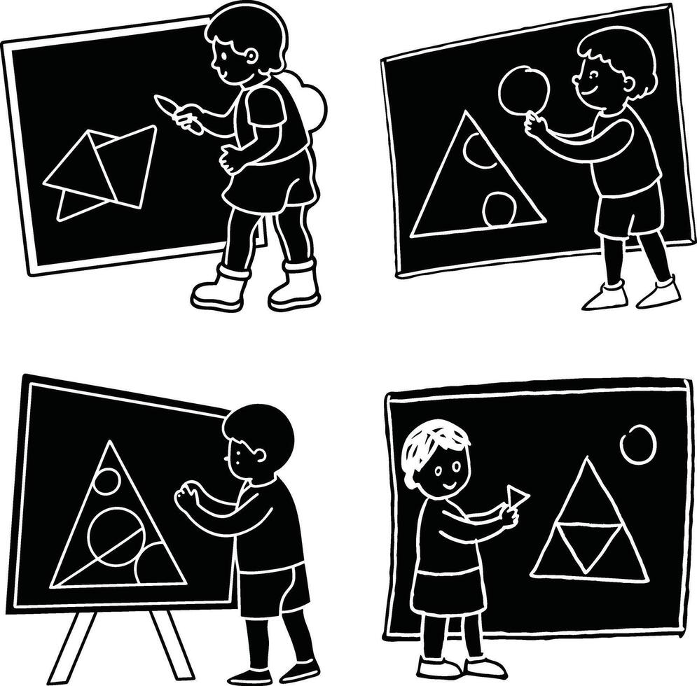 Children learning geometry shapes on blackboards in black and white doodle style vector