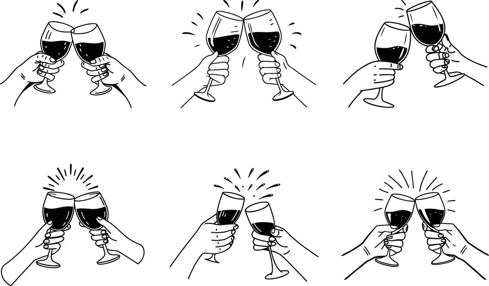 Set of hand drawn illustrations of wine glasses toasting celebration vector