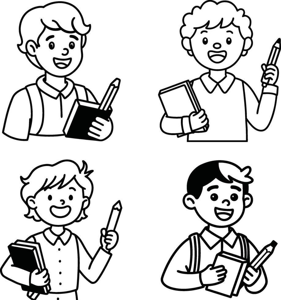 Black and white line art of students with books and pencils vector