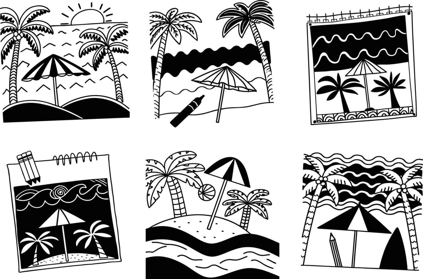 Black and white sketches depicting tropical beach scenes with palm trees and umbrellas vector