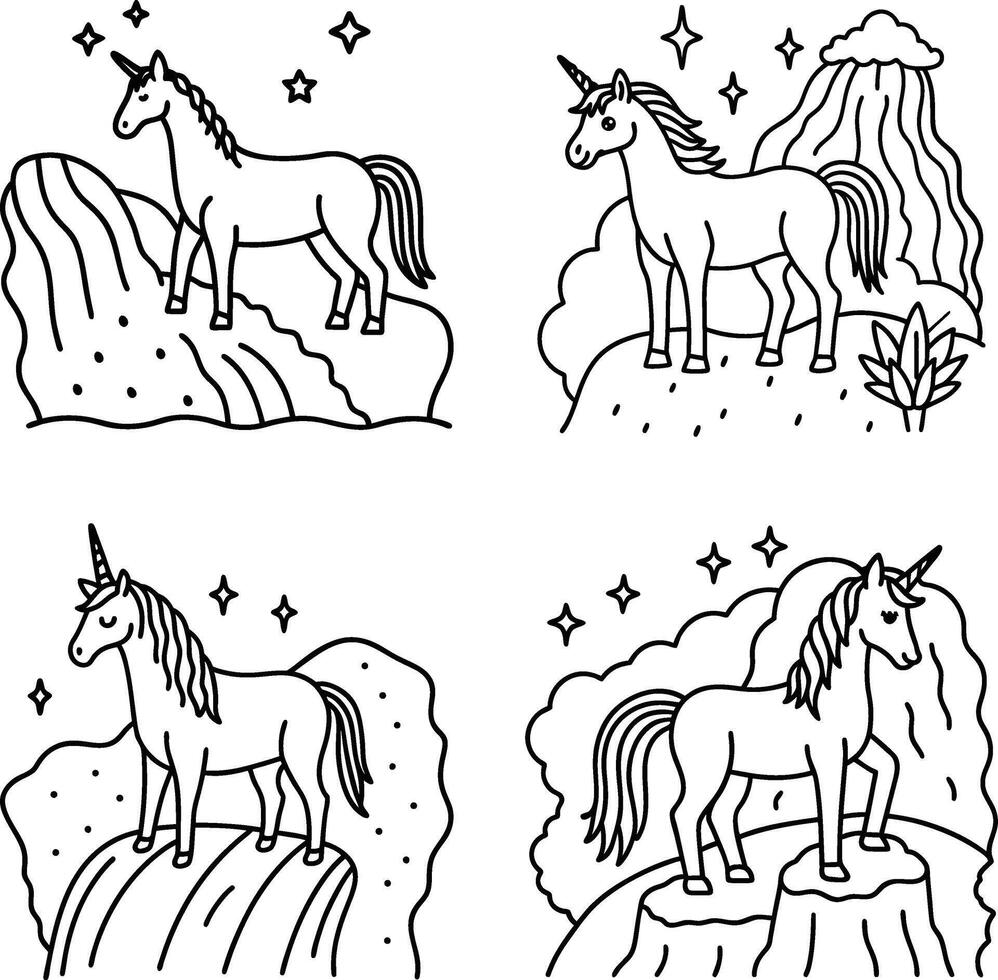 Set of unicorn outlines in various landscapes illustration black and white vector