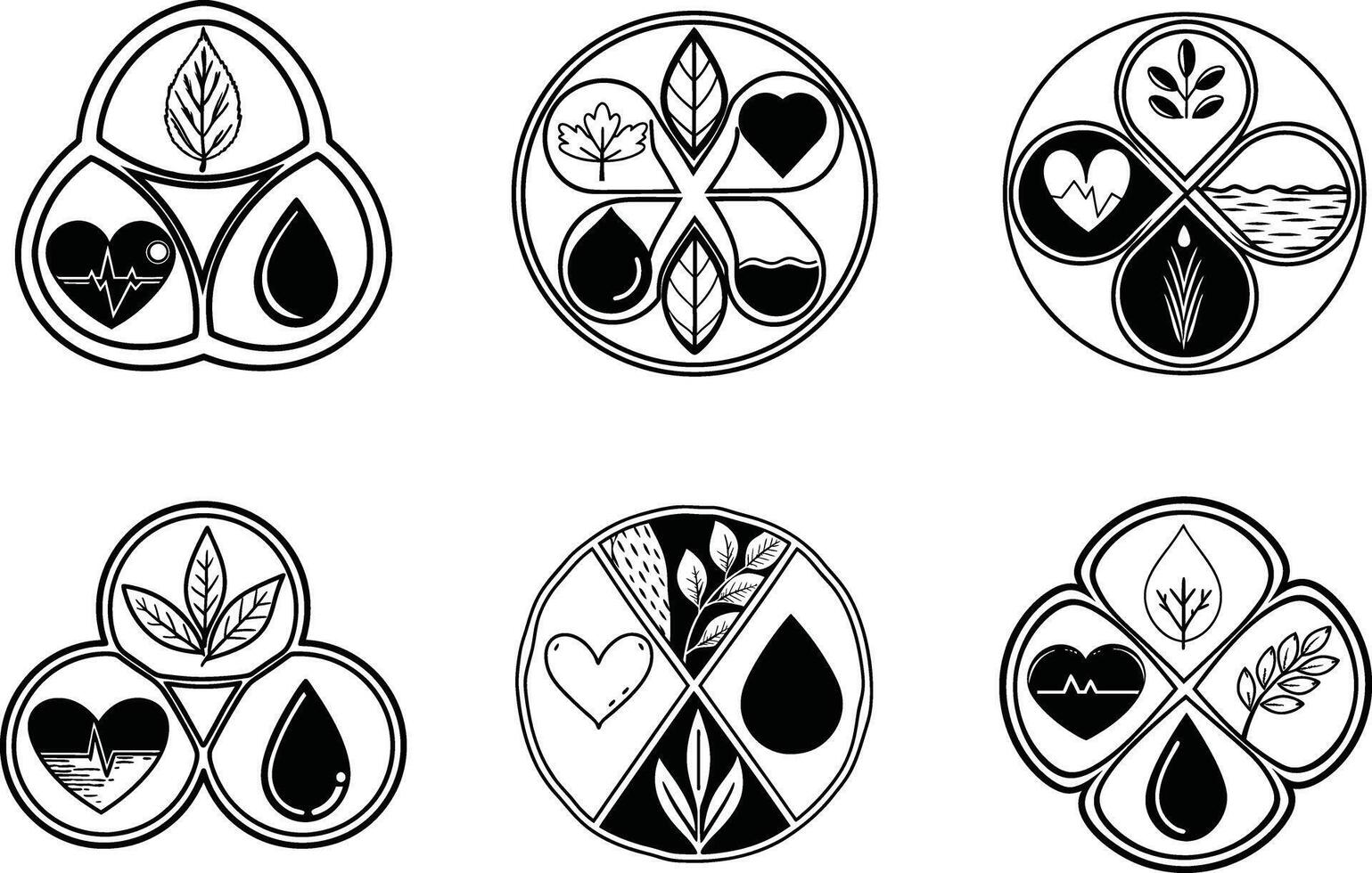 Abstract logos representing heart health environment and water in black and white vector