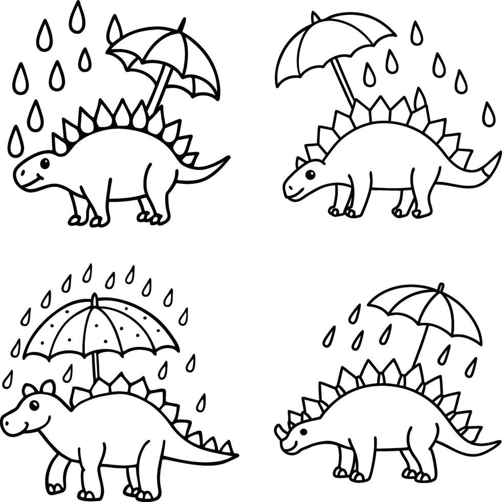 Seamless pattern of cartoon dinosaurs under umbrellas in the rain black and white vector