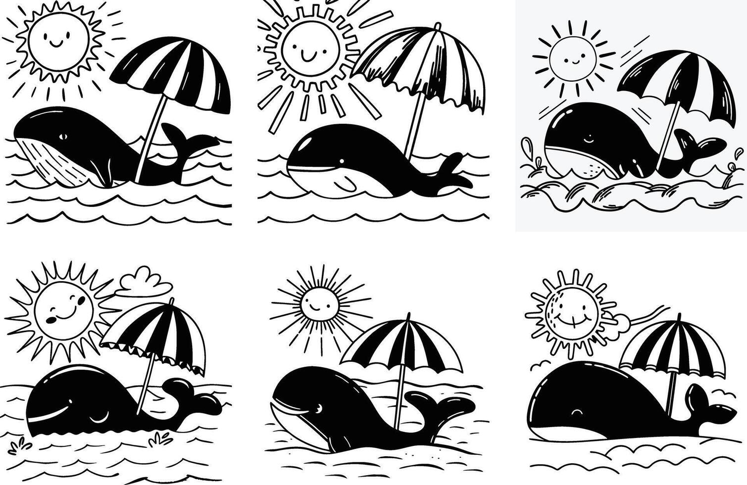 Hand drawn whale under umbrella with sun on ocean illustration vector
