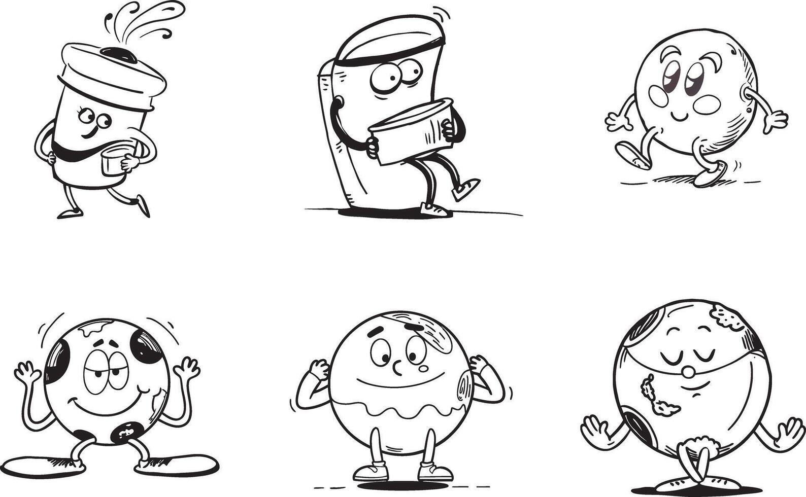 Cartoon planet characters and beverage containers characters black and white illustration vector