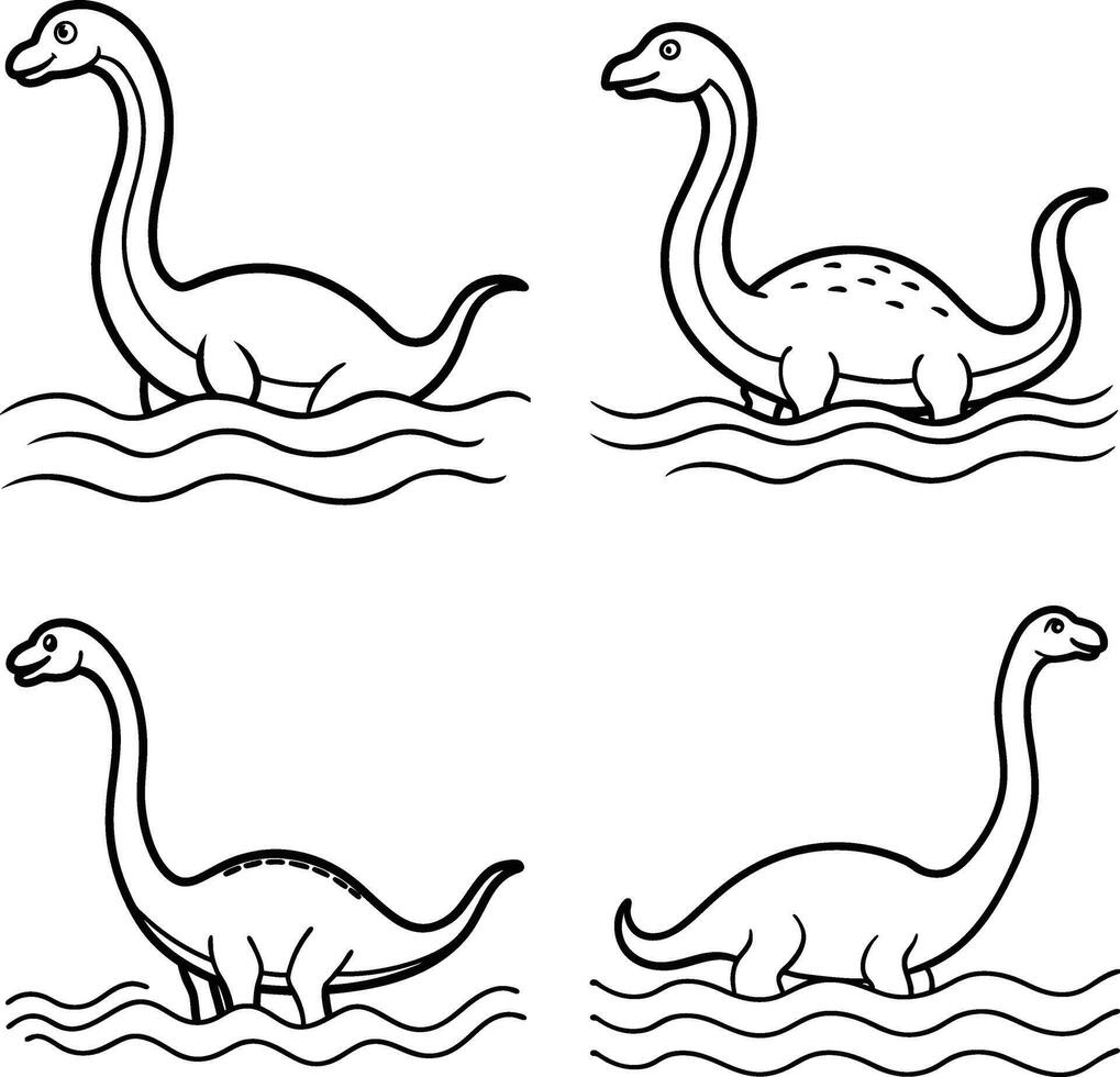 Loch ness monster illustration set cute nessie in water line art vector