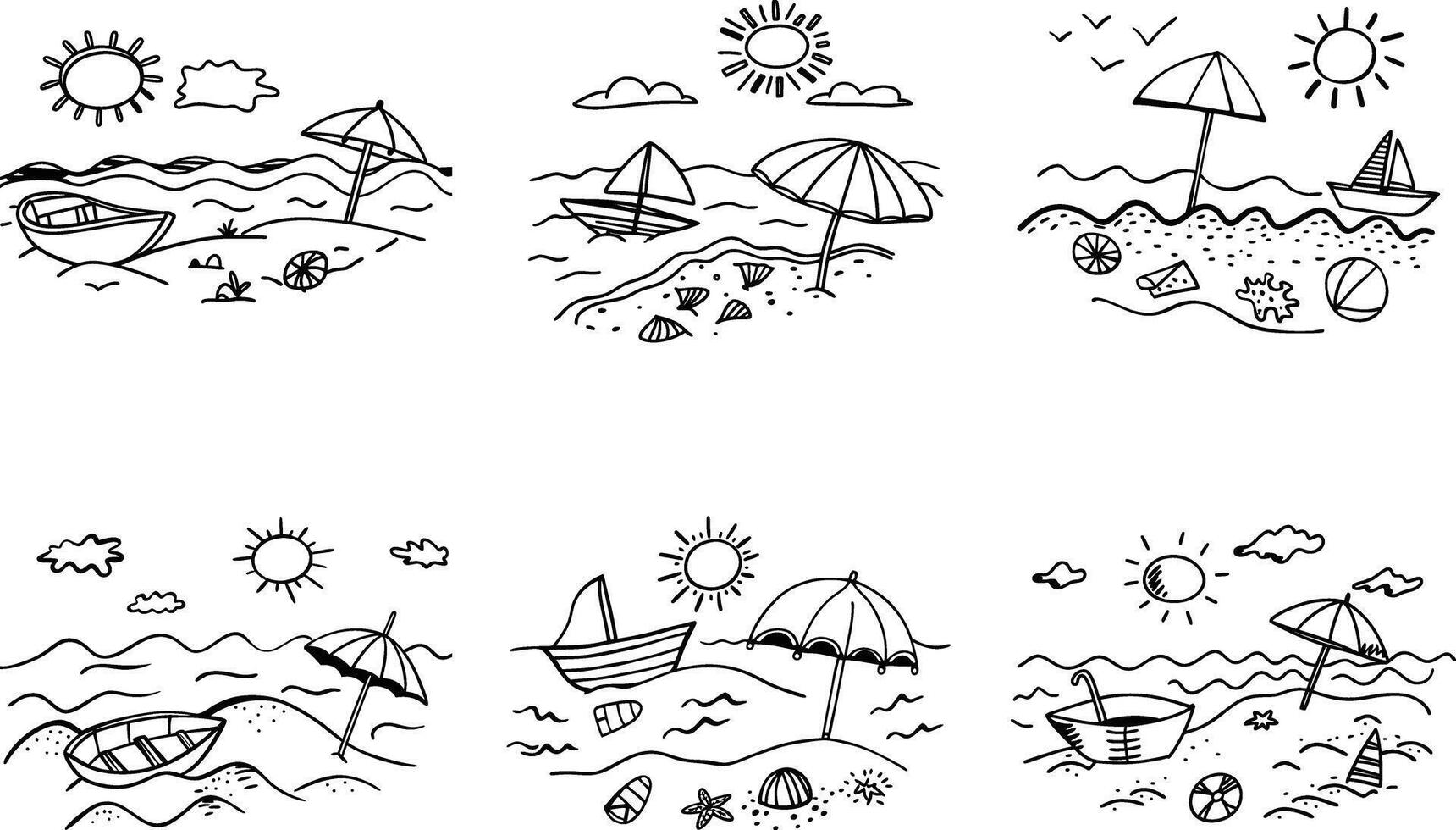 Black and white doodles of summer beach scenes with boats and umbrellas vector