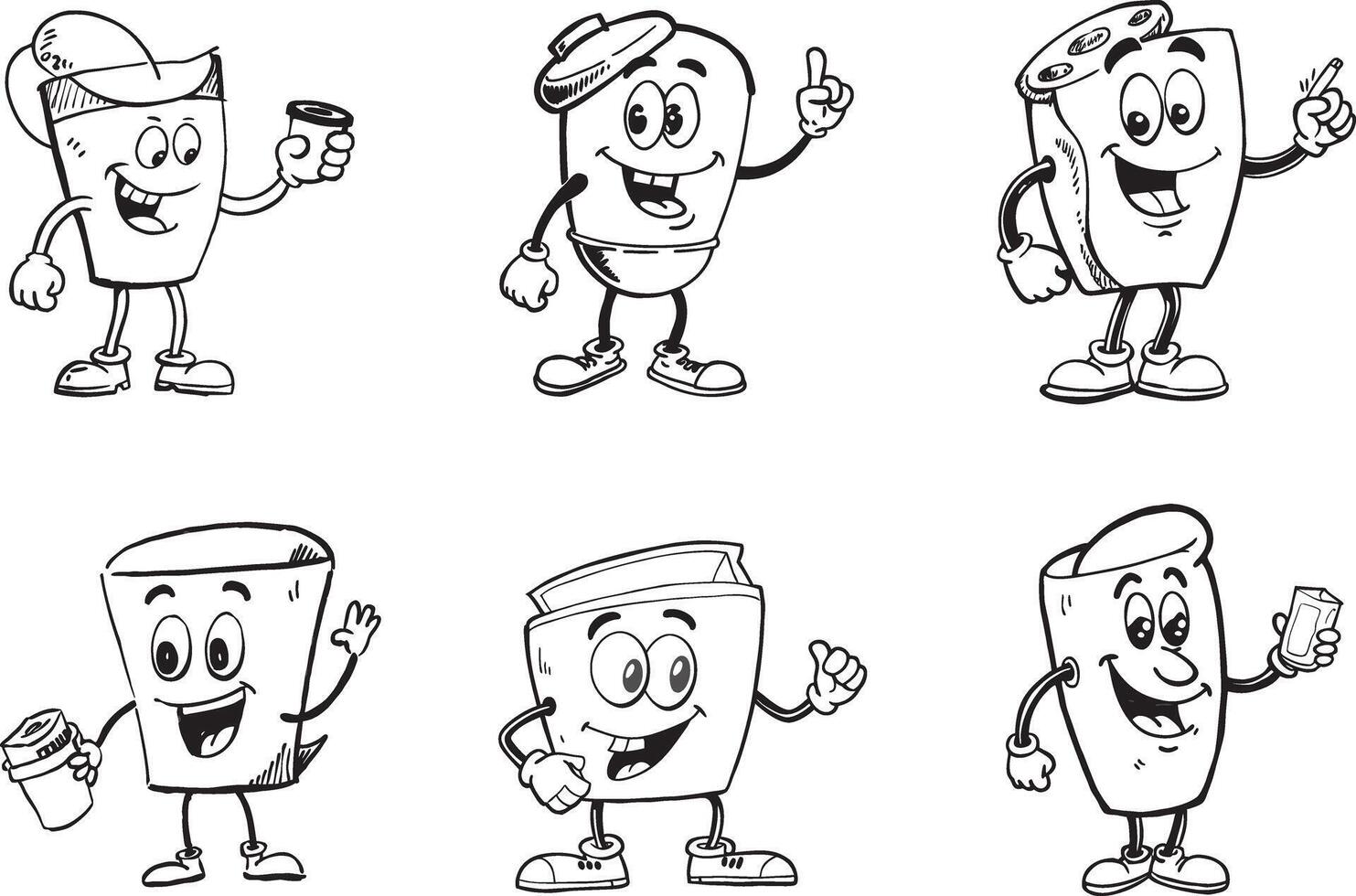 Black and white cartoon drink character collection with various expressions and accessories vector
