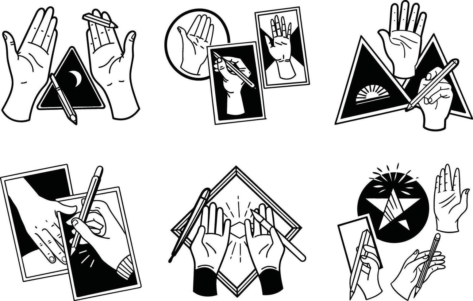 Hands with pencils creating geometric designs line art illustration vector