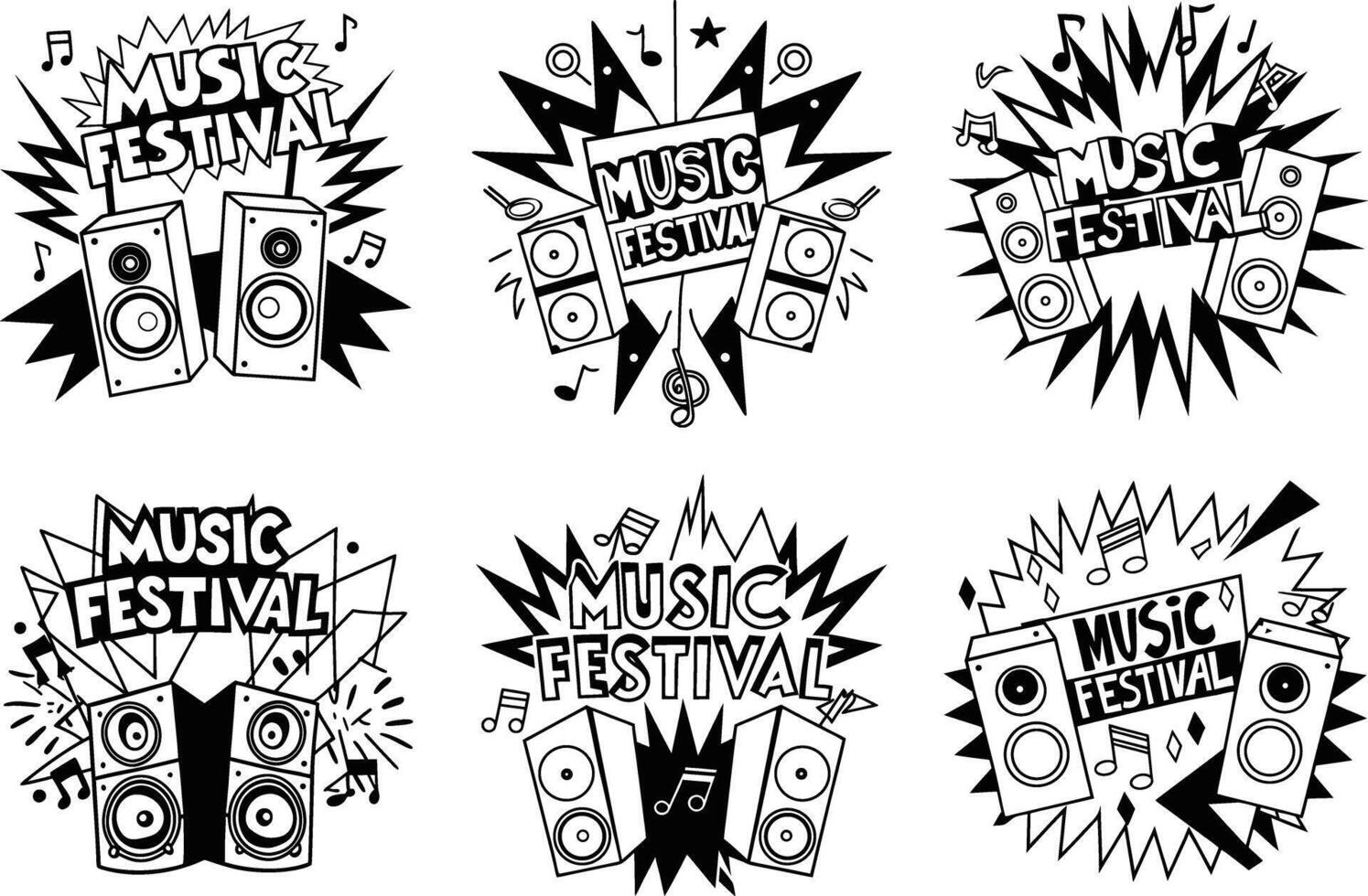 Black and white music festival speaker set designs and musical notes vector