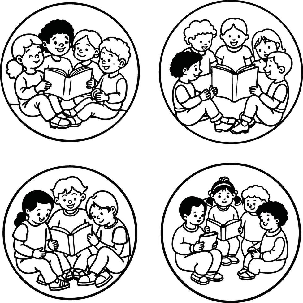 Group of diverse children reading books together in circular illustrations line art style vector