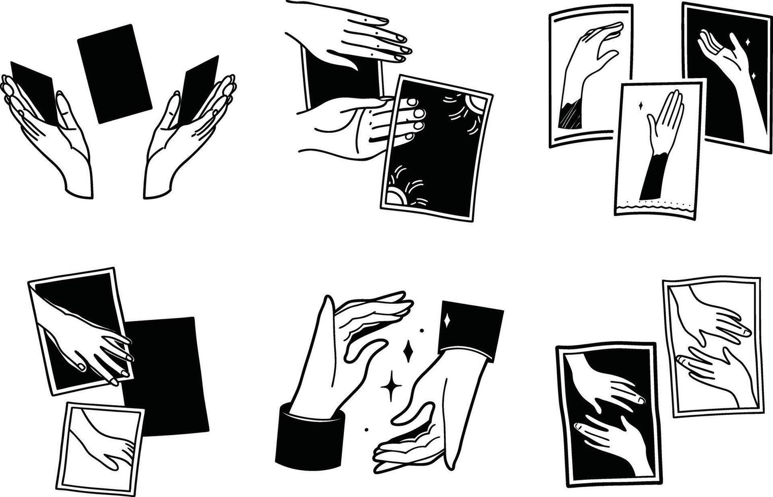 Mystical hands with cards black and white line art illustration vector