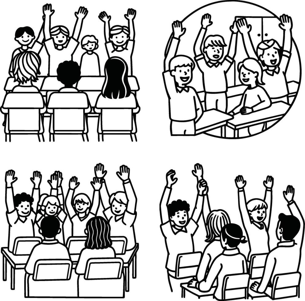 School classroom scenes with children raising their hands in illustrations vector