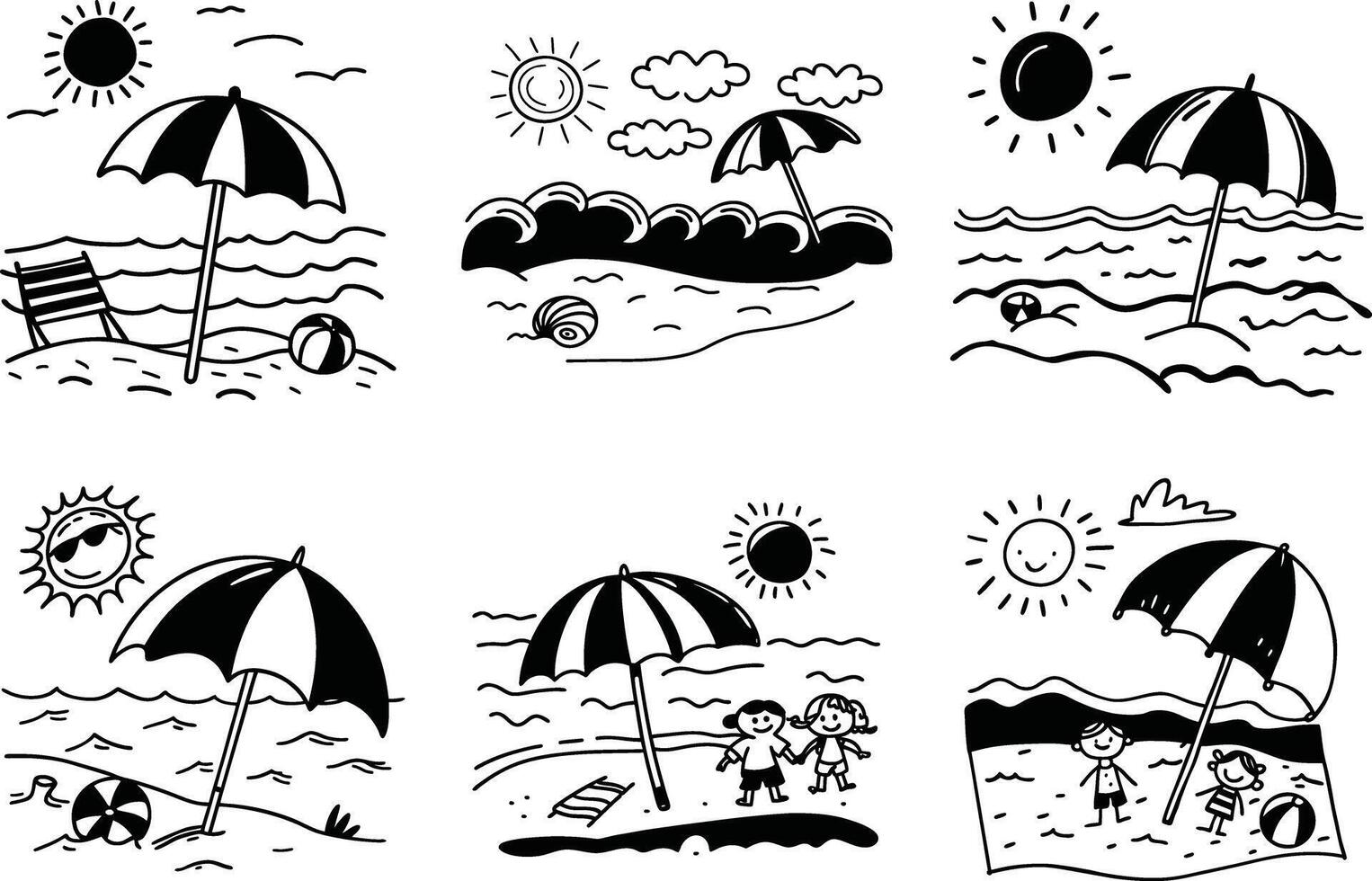 Summer beach scene doodle collection black and white illustration vector