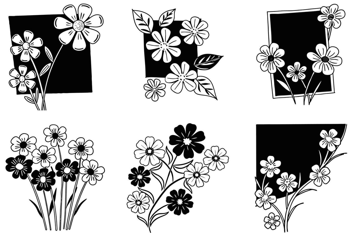 Black and white daisy flower arrangements with frames and bouquets set vector